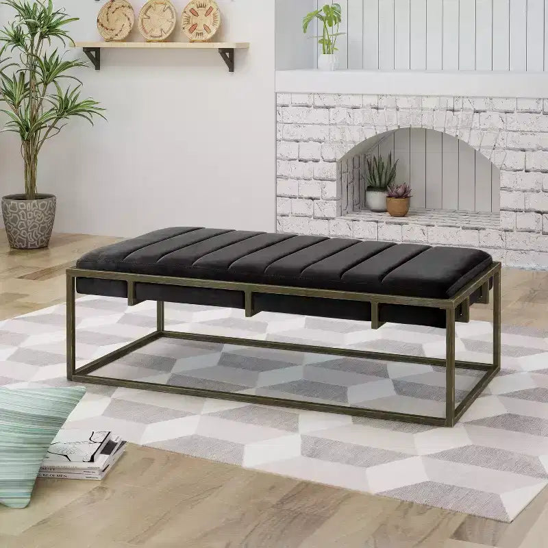 Banc Ottoman Rembourré en Velours avec Finition Laiton, Noir