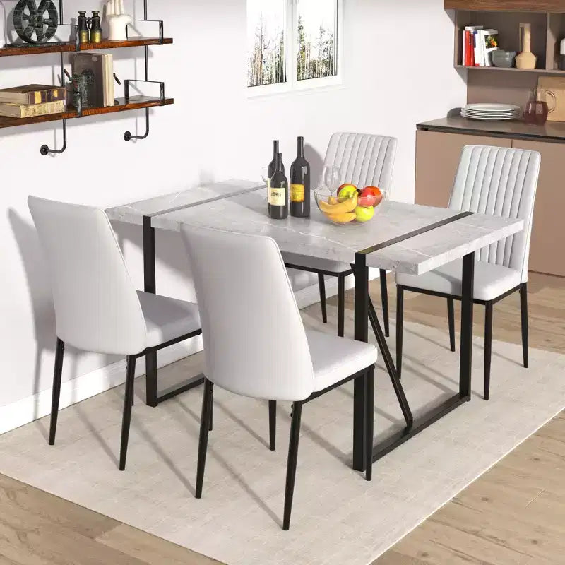 Table de salle à manger rectangulaire avec plateau en faux marbre et base en métal, table de cuisine pour 6 personnes, grise