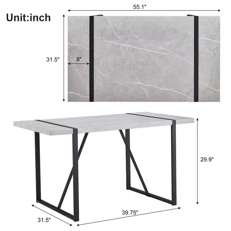 Table de salle à manger rectangulaire avec plateau en faux marbre et base en métal, table de cuisine pour 6 personnes, grise