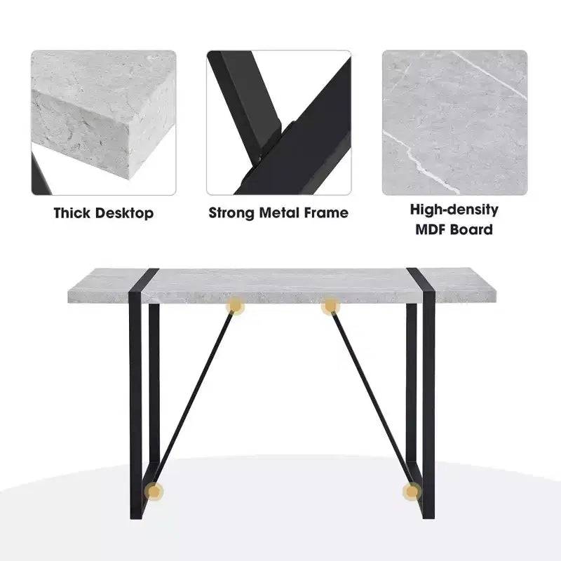 Table de salle à manger rectangulaire avec plateau en faux marbre et base en métal, table de cuisine pour 6 personnes, grise