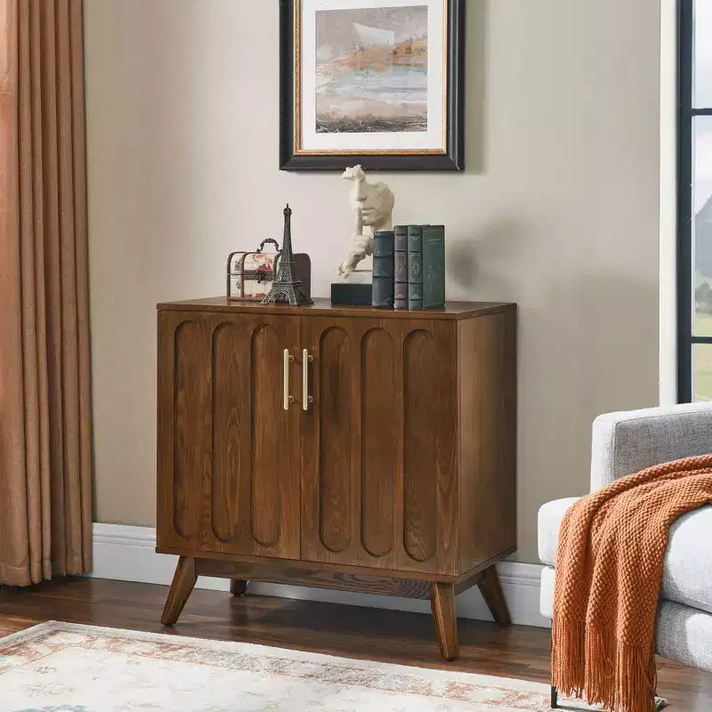 Bahut/Buffet Moderne Mi-Century à Rainures avec Rangement Ajustable, Meuble de Rangement en Bois Massif pour Cuisine/Salle à Manger/Salon
