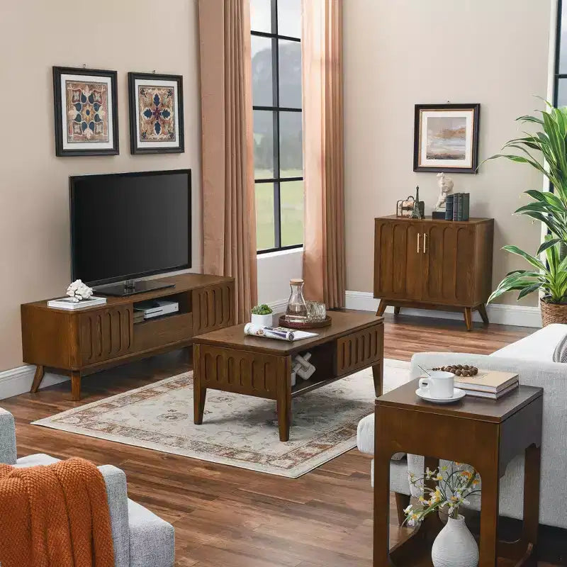 Bahut/Buffet Moderne Mi-Century à Rainures avec Rangement Ajustable, Meuble de Rangement en Bois Massif pour Cuisine/Salle à Manger/Salon