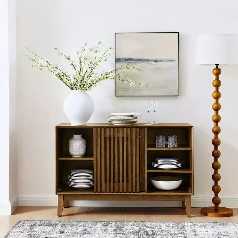 Bahut/Buffet Moderne Mi-Century à Rainures avec Rangement Ajustable, Meuble de Rangement en Bois Massif pour Cuisine/Salle à Manger/Salon
