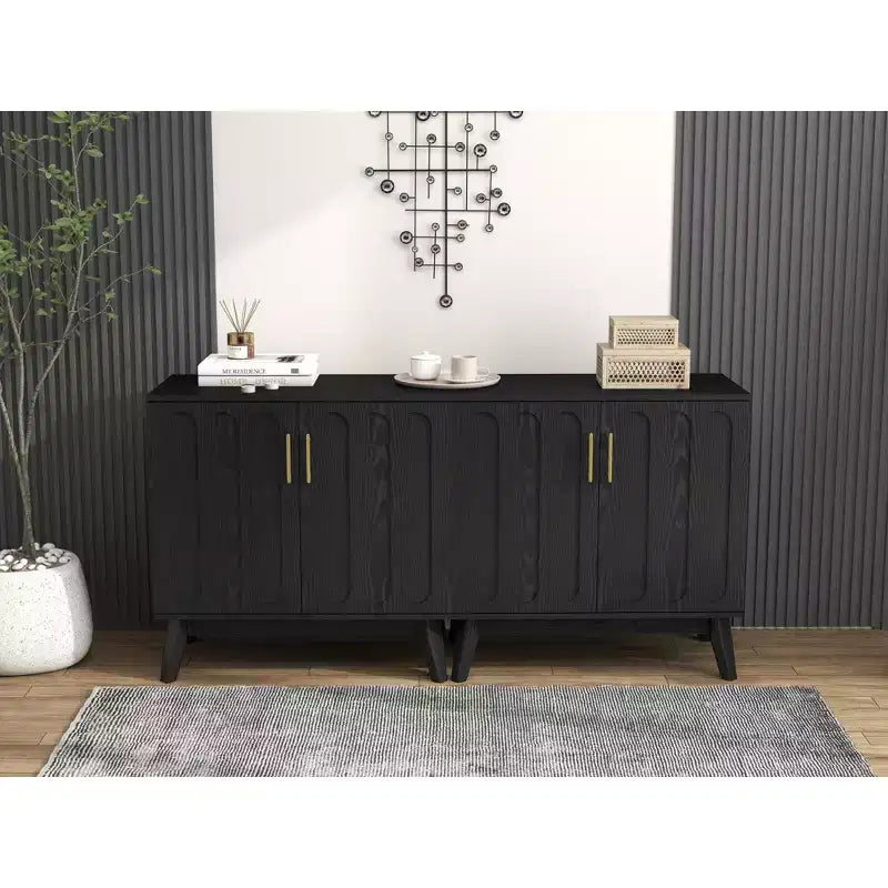 Bahut/Buffet Moderne Mi-Century à Rainures avec Rangement Ajustable, Meuble de Rangement en Bois Massif pour Cuisine/Salle à Manger/Salon