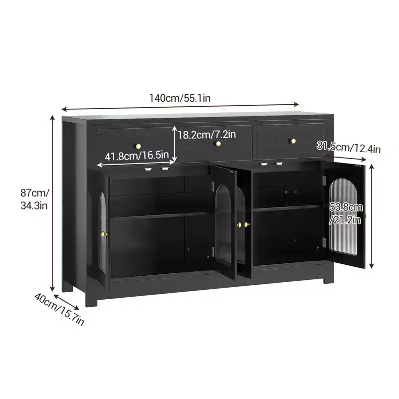 Grand bahut buffet avec 4 portes et 3 tiroirs, meuble de cuisine vitrine avec étagère réglable, meuble buffet à vin
