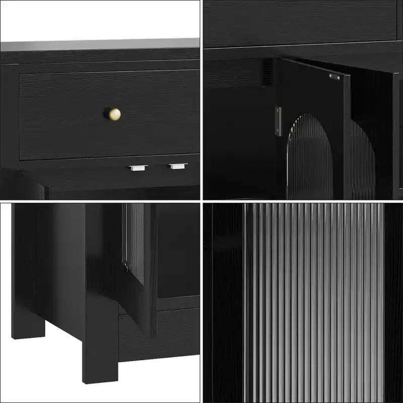 Grand bahut buffet avec 4 portes et 3 tiroirs, meuble de cuisine vitrine avec étagère réglable, meuble buffet à vin