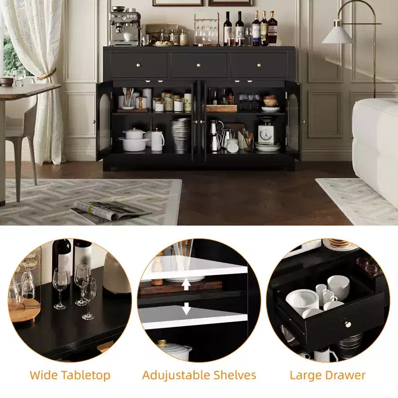 Grand bahut buffet avec 4 portes et 3 tiroirs, meuble de cuisine vitrine avec étagère réglable, meuble buffet à vin