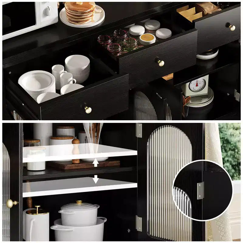 Grand bahut buffet avec 4 portes et 3 tiroirs, meuble de cuisine vitrine avec étagère réglable, meuble buffet à vin