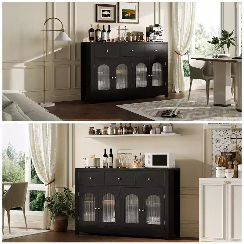 Grand bahut buffet avec 4 portes et 3 tiroirs, meuble de cuisine vitrine avec étagère réglable, meuble buffet à vin