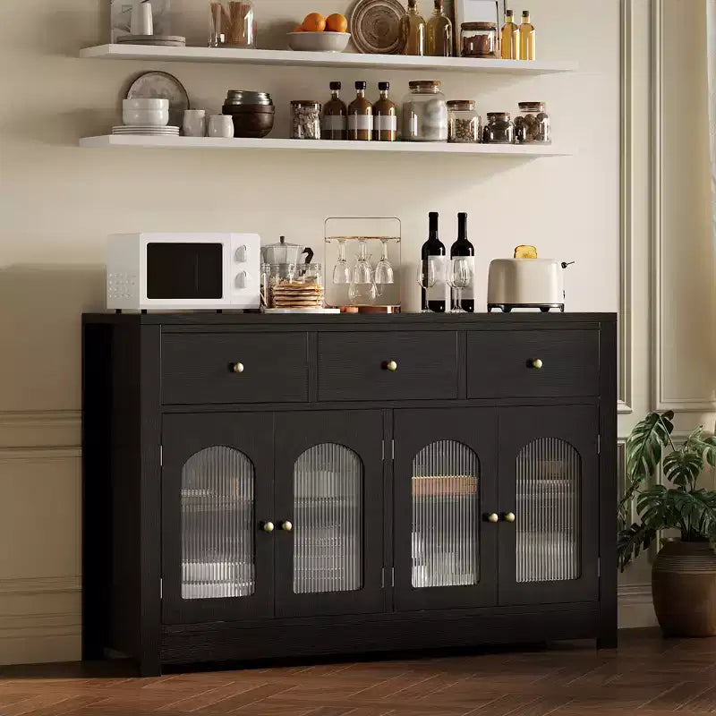 Grand bahut buffet avec 4 portes et 3 tiroirs, meuble de cuisine vitrine avec étagère réglable, meuble buffet à vin