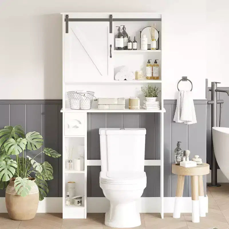 Meuble de rangement au-dessus des toilettes, meuble de rangement haut au-dessus des toilettes avec 2 portes coulissantes de style grange et support de papier toilette, étagère de rangement pour toilettes peu encombrante