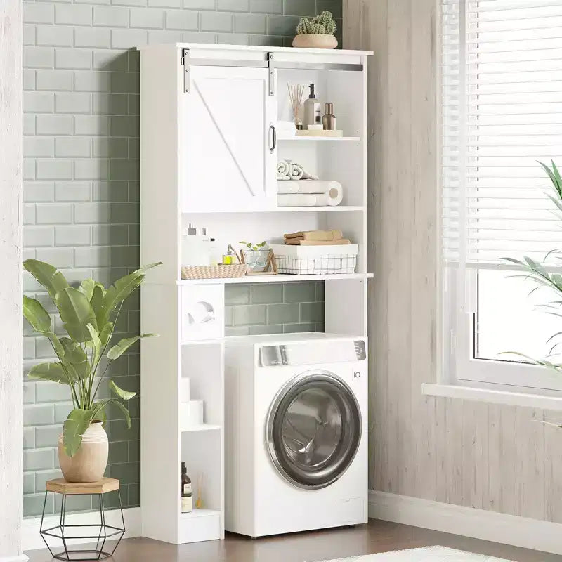 Meuble de rangement au-dessus des toilettes, meuble de rangement haut au-dessus des toilettes avec 2 portes coulissantes de style grange et support de papier toilette, étagère de rangement pour toilettes peu encombrante