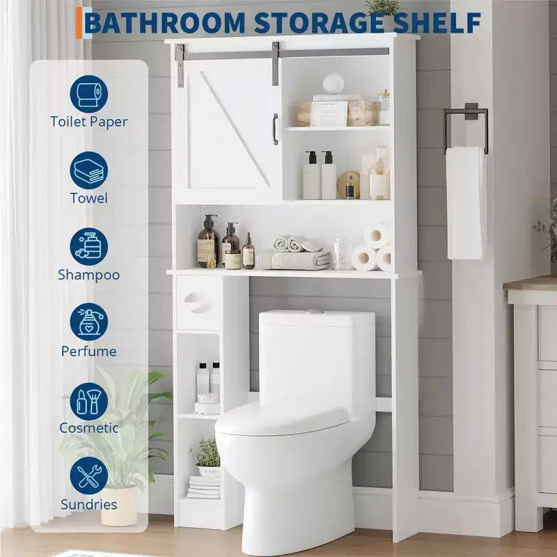 Meuble de rangement au-dessus des toilettes, meuble de rangement haut au-dessus des toilettes avec 2 portes coulissantes de style grange et support de papier toilette, étagère de rangement pour toilettes peu encombrante