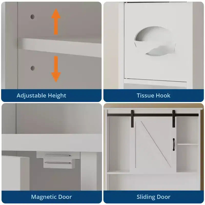 Meuble de rangement au-dessus des toilettes, meuble de rangement haut au-dessus des toilettes avec 2 portes coulissantes de style grange et support de papier toilette, étagère de rangement pour toilettes peu encombrante