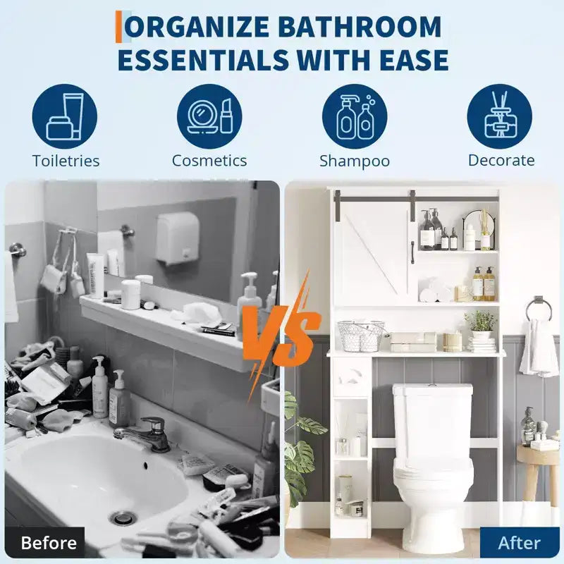 Meuble de rangement au-dessus des toilettes, meuble de rangement haut au-dessus des toilettes avec 2 portes coulissantes de style grange et support de papier toilette, étagère de rangement pour toilettes peu encombrante