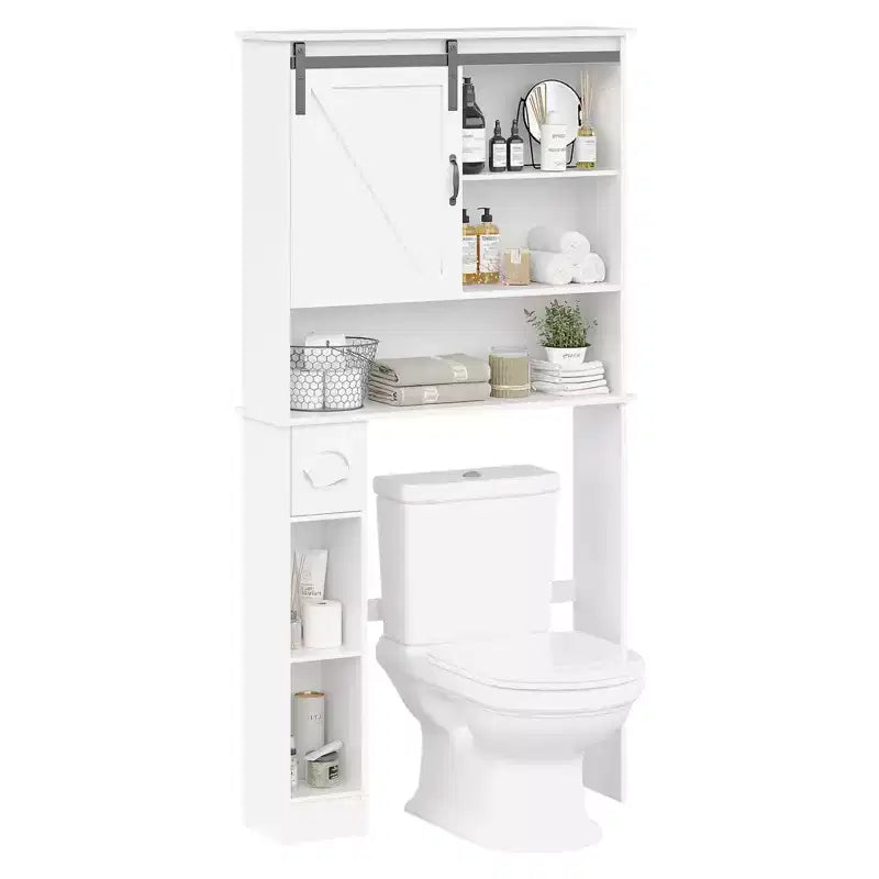 Meuble de rangement au-dessus des toilettes, meuble de rangement haut au-dessus des toilettes avec 2 portes coulissantes de style grange et support de papier toilette, étagère de rangement pour toilettes peu encombrante
