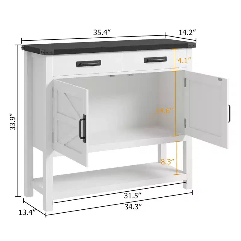 Meuble de rangement pour entrée – 2 portes et 2 tiroirs en bois massif, bar à café multifonctionnel, console de canapé pour salon, couloir (blanc)