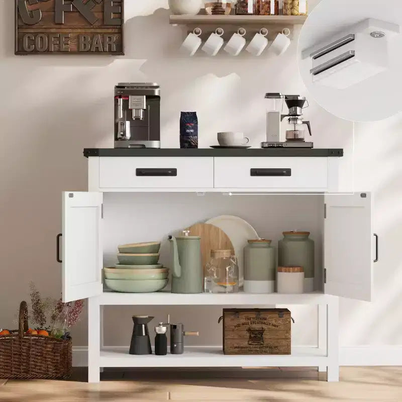 Meuble de rangement pour entrée – 2 portes et 2 tiroirs en bois massif, bar à café multifonctionnel, console de canapé pour salon, couloir (blanc)