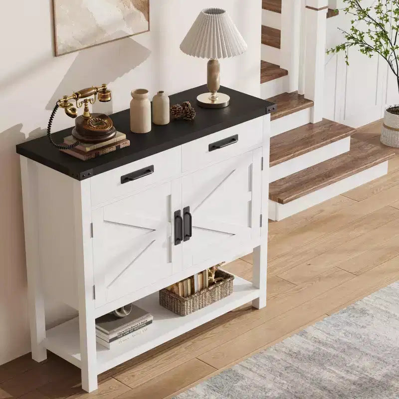 Meuble de rangement pour entrée – 2 portes et 2 tiroirs en bois massif, bar à café multifonctionnel, console de canapé pour salon, couloir (blanc)