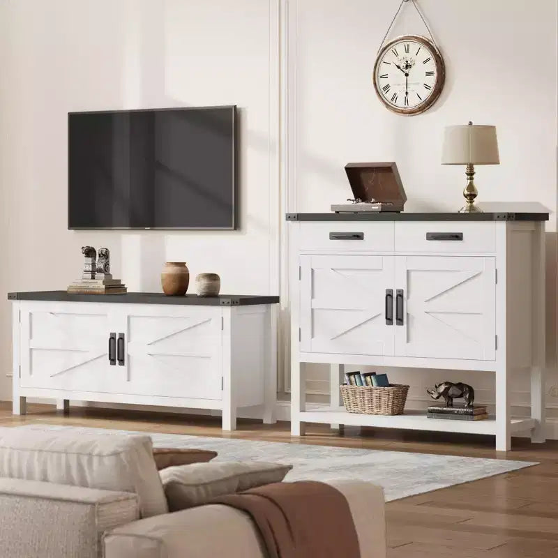 Meuble de rangement pour entrée – 2 portes et 2 tiroirs en bois massif, bar à café multifonctionnel, console de canapé pour salon, couloir (blanc)