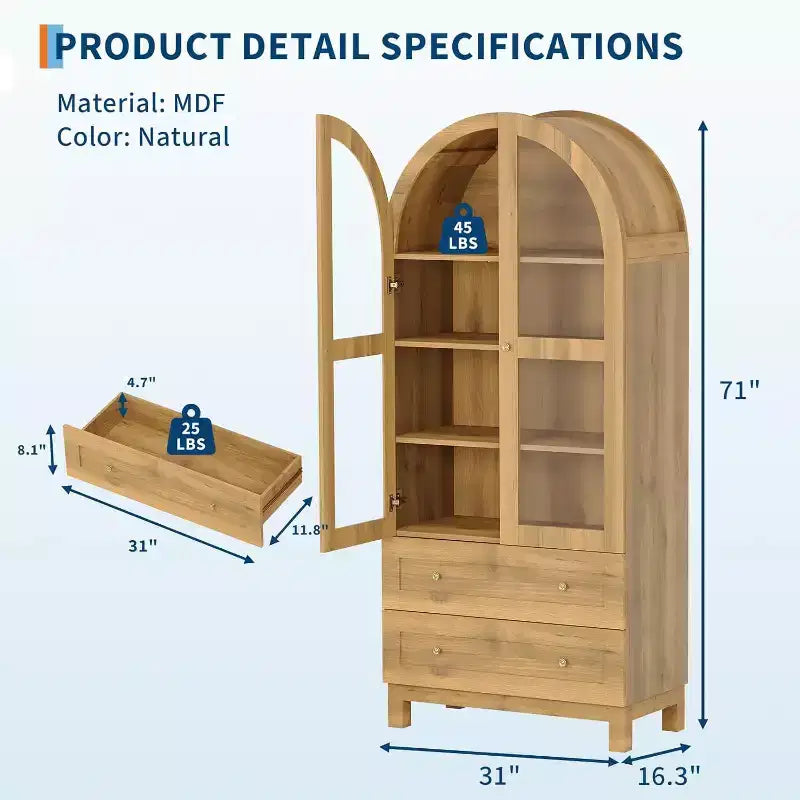 Armoire de rangement arquée haute de 71 po avec portes en acrylique, armoire de garde-manger en bois moderne avec 2 tiroirs et étagères réglables, armoire polyvalente pour la cuisine