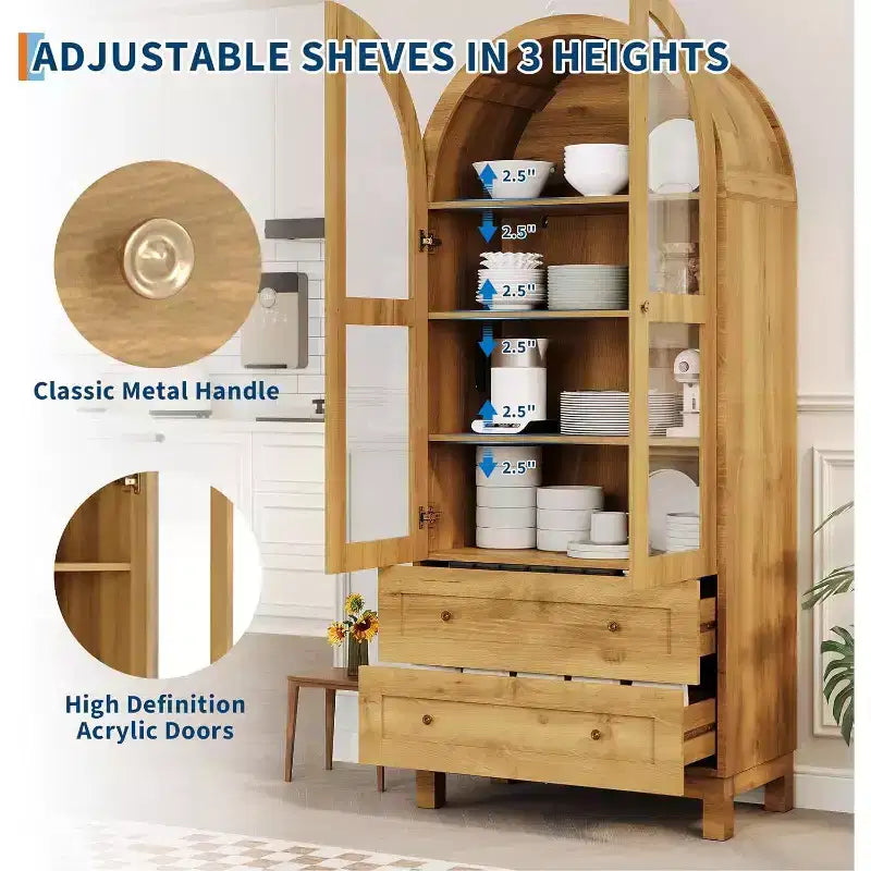 Armoire de rangement arquée haute de 71 po avec portes en acrylique, armoire de garde-manger en bois moderne avec 2 tiroirs et étagères réglables, armoire polyvalente pour la cuisine