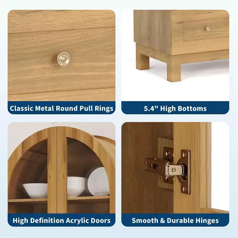 Armoire de rangement arquée haute de 71 po avec portes en acrylique, armoire de garde-manger en bois moderne avec 2 tiroirs et étagères réglables, armoire polyvalente pour la cuisine