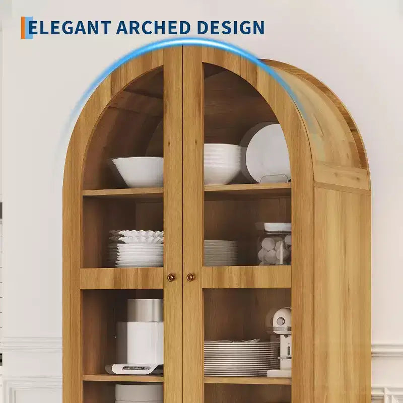 Armoire de rangement arquée haute de 71 po avec portes en acrylique, armoire de garde-manger en bois moderne avec 2 tiroirs et étagères réglables, armoire polyvalente pour la cuisine