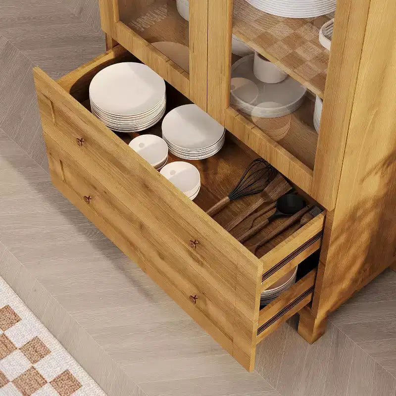Armoire de rangement arquée haute de 71 po avec portes en acrylique, armoire de garde-manger en bois moderne avec 2 tiroirs et étagères réglables, armoire polyvalente pour la cuisine