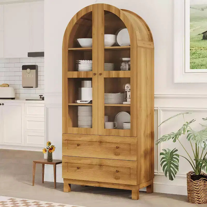 Armoire de rangement arquée haute de 71 po avec portes en acrylique, armoire de garde-manger en bois moderne avec 2 tiroirs et étagères réglables, armoire polyvalente pour la cuisine