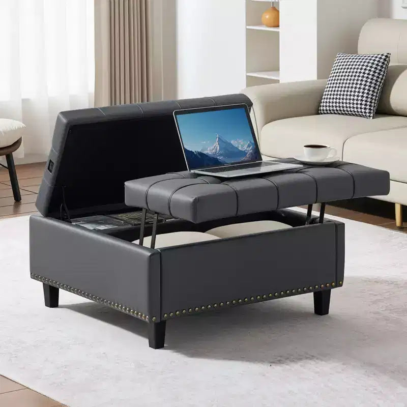 Pouf ottoman carré en cuir de 79 cm avec rangement, table basse ottoman capitonnée avec boutons, plateau relevable et design rabattable, en cuir PU, gris