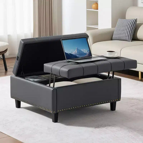 Pouf ottoman carré en cuir de 79 cm avec rangement, table basse ottoman capitonnée avec boutons, plateau relevable et design rabattable, en cuir PU, gris