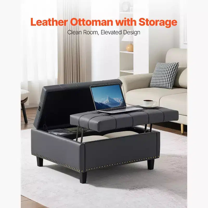 Pouf ottoman carré en cuir de 79 cm avec rangement, table basse ottoman capitonnée avec boutons, plateau relevable et design rabattable, en cuir PU, gris