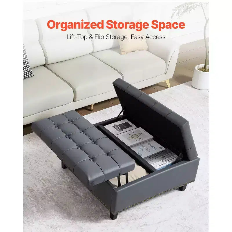 Pouf ottoman carré en cuir de 79 cm avec rangement, table basse ottoman capitonnée avec boutons, plateau relevable et design rabattable, en cuir PU, gris