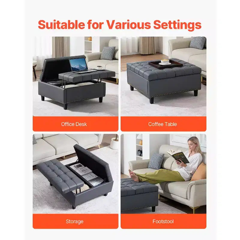 Pouf ottoman carré en cuir de 79 cm avec rangement, table basse ottoman capitonnée avec boutons, plateau relevable et design rabattable, en cuir PU, gris
