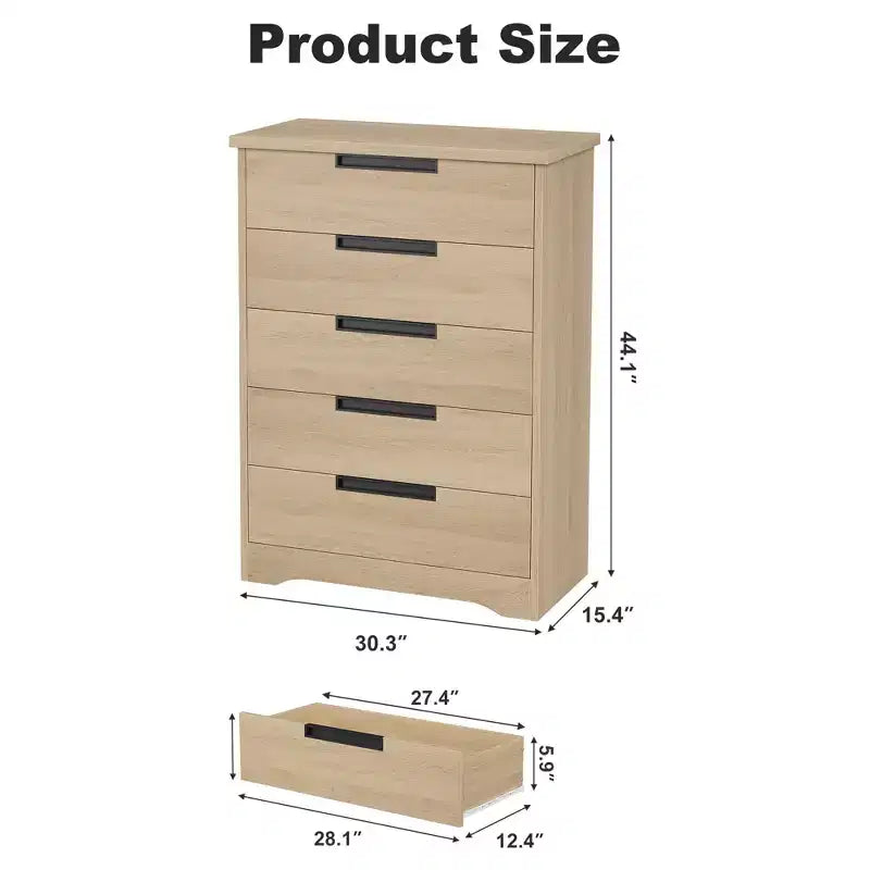 Commode à 5 tiroirs pour chambre, commode avec poignées intégrées, organisateur de commode en bois pour salon, chambre d'enfant, couloir et entrée