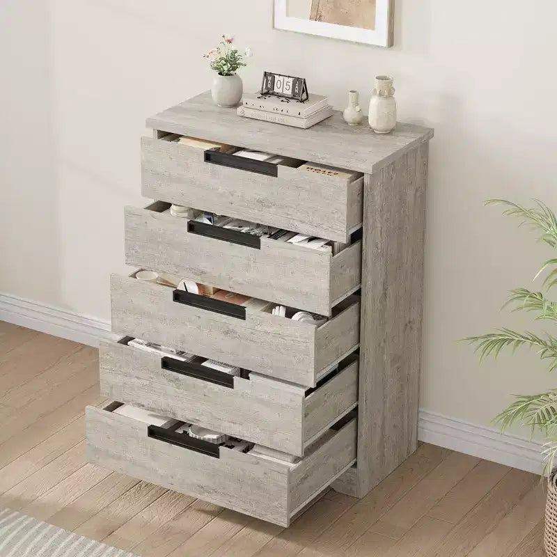 Commode à 5 tiroirs pour chambre, commode avec poignées intégrées, organisateur de commode en bois pour salon, chambre d'enfant, couloir et entrée