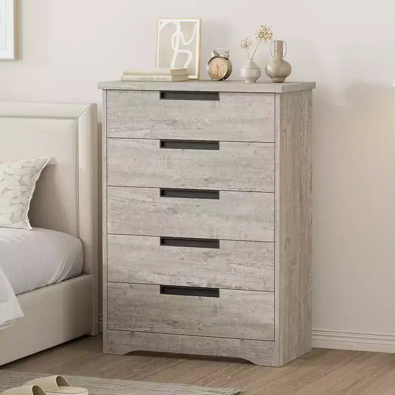 TROPOW 5 Drawer Dresser for Bedroom, Chest of Drawers with Embedded Handles, Wooden Dresser Organizer for Living Room, Nursery, Hallway and Entryway