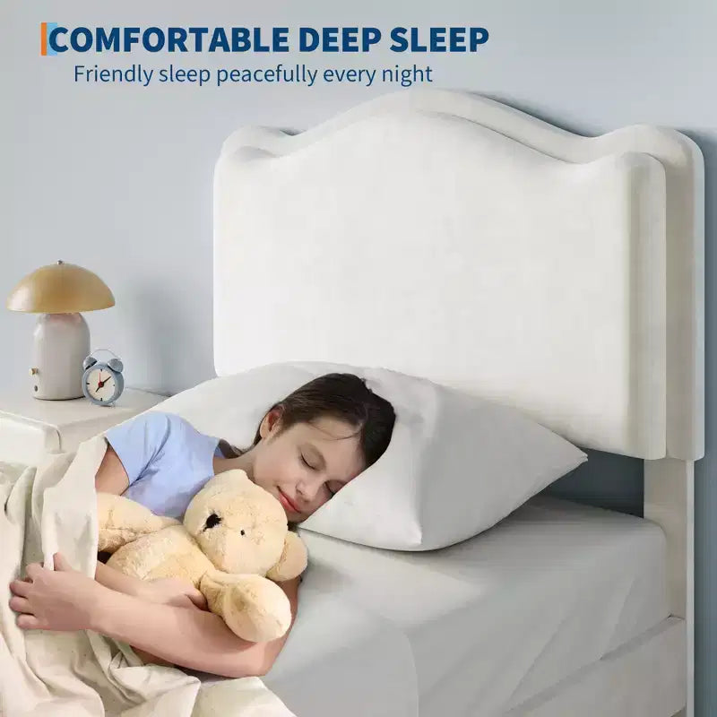 Cadre de lit rembourré pour enfants, format double, avec tête de lit incurvée, tiroir de rangement, tissu velours, lattes en bois solides, aucun sommier tapissier requis