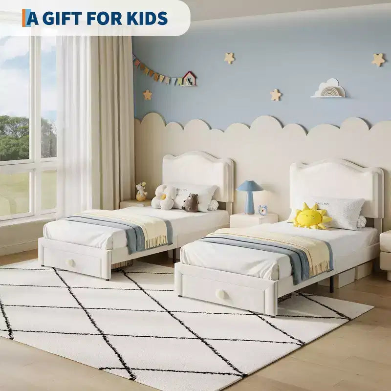 Cadre de lit rembourré pour enfants, format double, avec tête de lit incurvée, tiroir de rangement, tissu velours, lattes en bois solides, aucun sommier tapissier requis