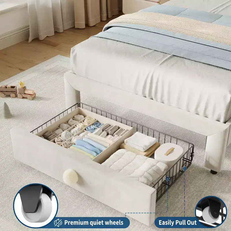 Cadre de lit rembourré pour enfants, format double, avec tête de lit incurvée, tiroir de rangement, tissu velours, lattes en bois solides, aucun sommier tapissier requis