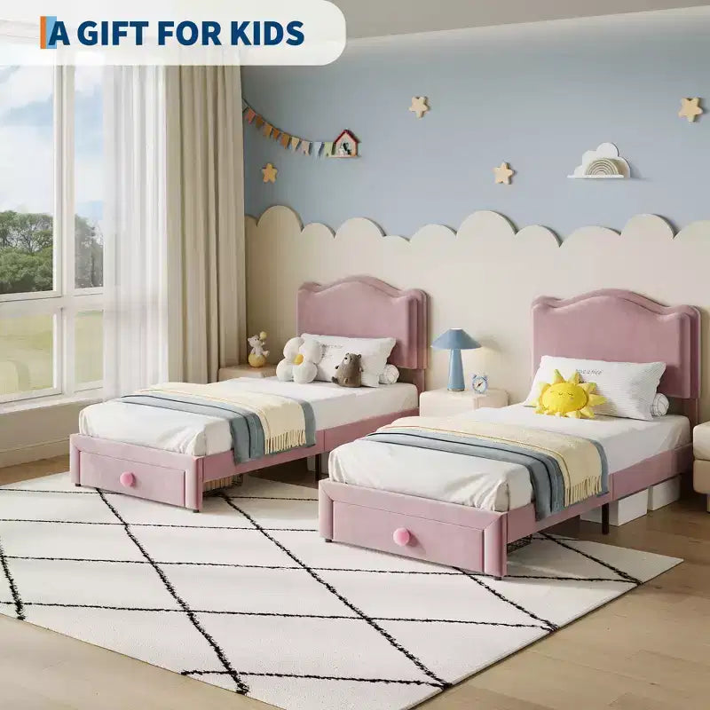 Cadre de lit rembourré pour enfants, format double, avec tête de lit incurvée, tiroir de rangement, tissu velours, lattes en bois solides, aucun sommier tapissier requis