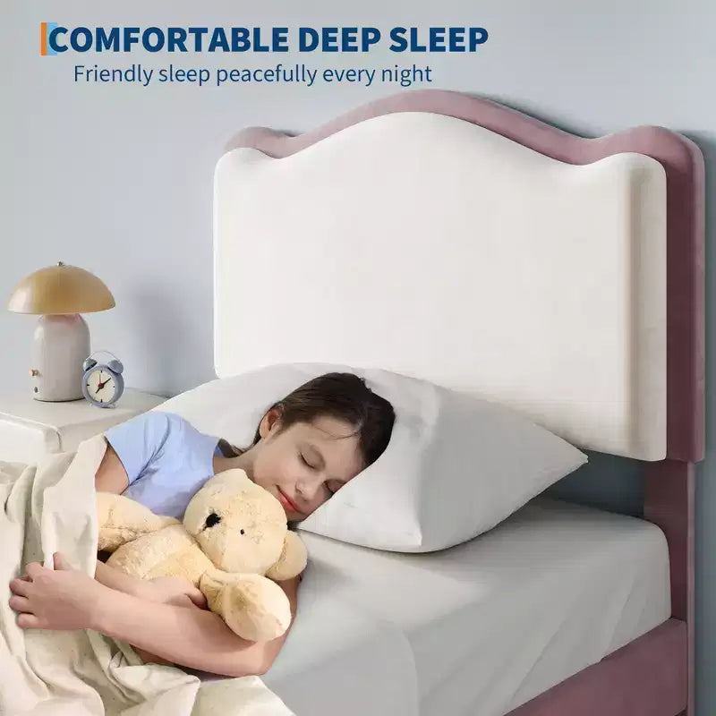 Cadre de lit rembourré pour enfants, format double, avec tête de lit incurvée, tiroir de rangement, tissu velours, lattes en bois solides, aucun sommier tapissier requis