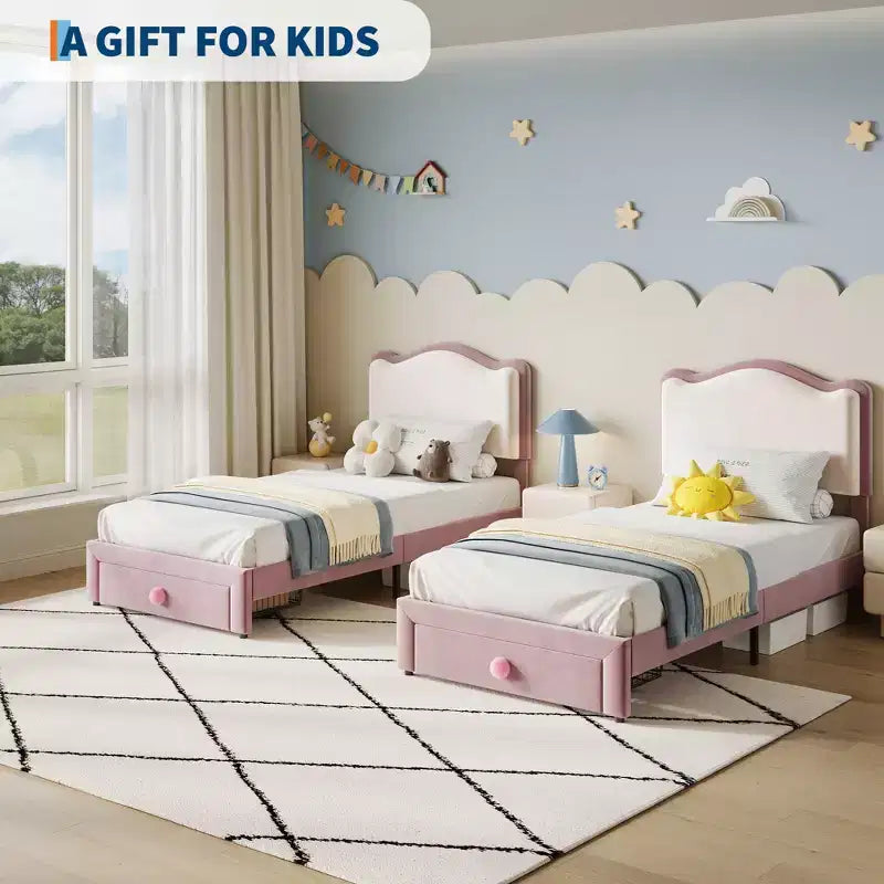 Cadre de lit rembourré pour enfants, format double, avec tête de lit incurvée, tiroir de rangement, tissu velours, lattes en bois solides, aucun sommier tapissier requis