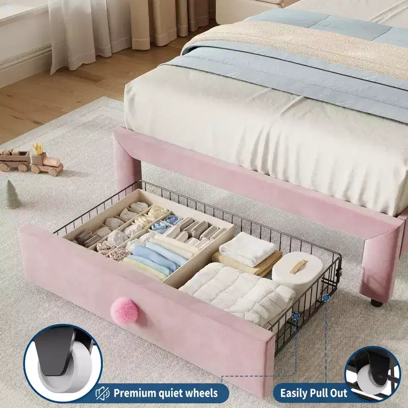 Cadre de lit rembourré pour enfants, format double, avec tête de lit incurvée, tiroir de rangement, tissu velours, lattes en bois solides, aucun sommier tapissier requis