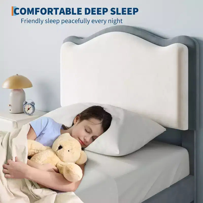 Cadre de lit rembourré pour enfants, format double, avec tête de lit incurvée, tiroir de rangement, tissu velours, lattes en bois solides, aucun sommier tapissier requis