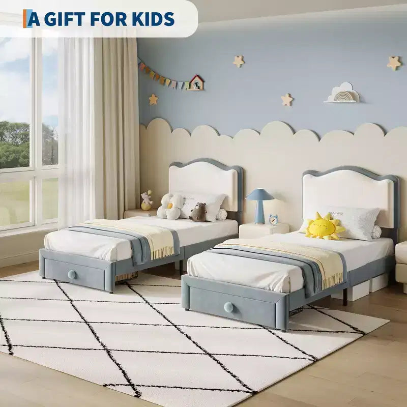 Cadre de lit rembourré pour enfants, format double, avec tête de lit incurvée, tiroir de rangement, tissu velours, lattes en bois solides, aucun sommier tapissier requis