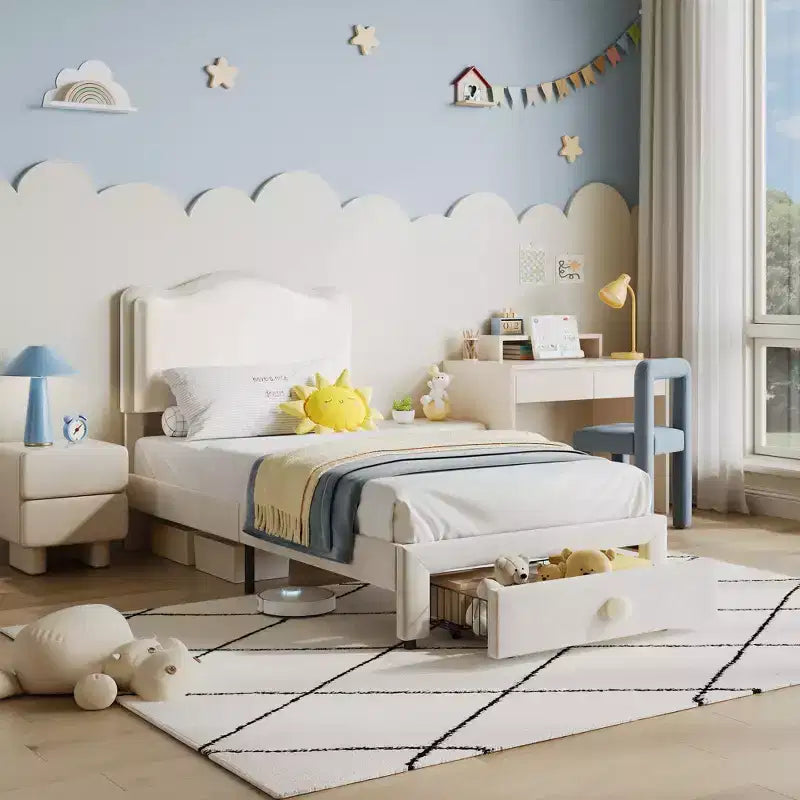 Cadre de lit rembourré pour enfants, format double, avec tête de lit incurvée, tiroir de rangement, tissu velours, lattes en bois solides, aucun sommier tapissier requis