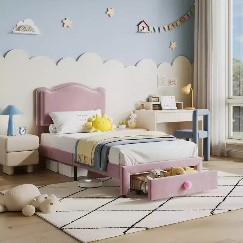 Cadre de lit rembourré pour enfants, format double, avec tête de lit incurvée, tiroir de rangement, tissu velours, lattes en bois solides, aucun sommier tapissier requis