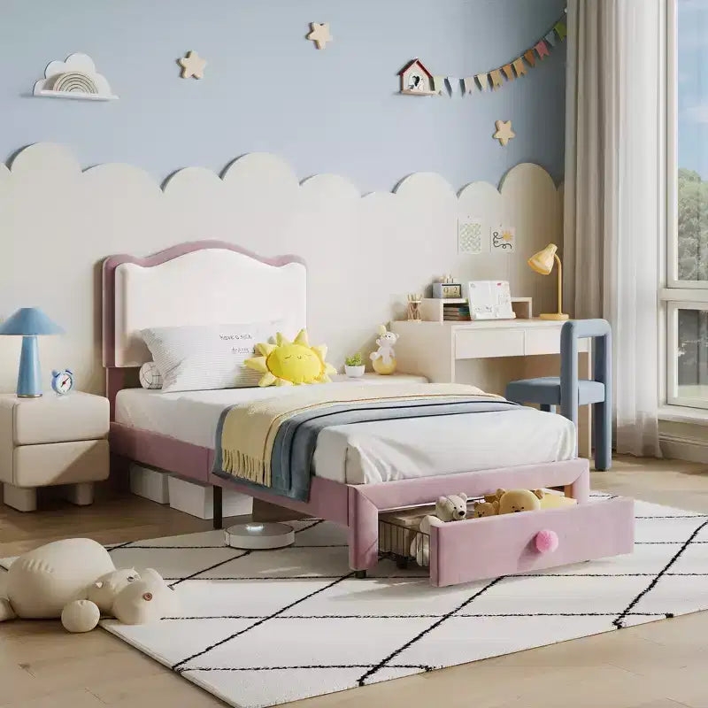 Cadre de lit rembourré pour enfants, format double, avec tête de lit incurvée, tiroir de rangement, tissu velours, lattes en bois solides, aucun sommier tapissier requis